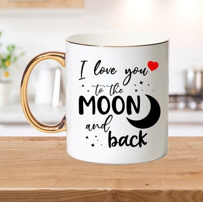 I Love You To The Moon & Back, Bone China Becher mit Goldgriff und Rand Kaffee Tee
