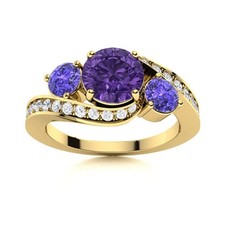 925 Silver Gold Plated 5MM Round Amethyst  Tanzanite Three Stone Women Ring