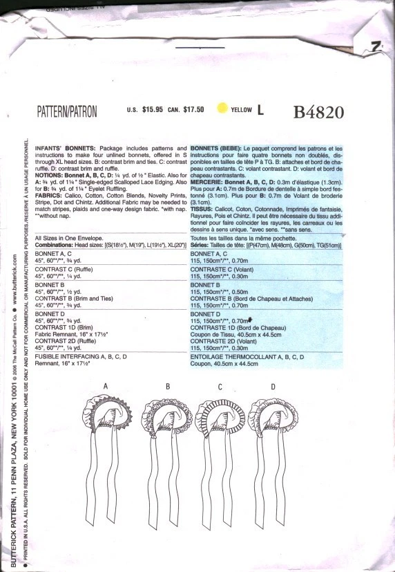 4820 Butterick Sewing Pattern Infant Headwear Bonnet Hat Ruffles One Size OOP - Image 2 of 2