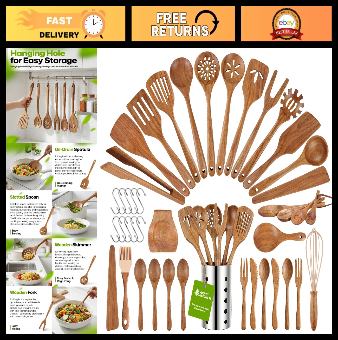 33-Piece Wooden Kitchen Utensil Set - Spoons, Spatulas, Measuring Tools & Storag