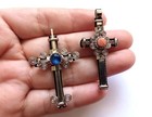 ✨2 Handmade Peruvian Cross Pendants Murano & Jasper Stone Cabochon Alpaca Silver — photo 2
