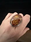 Vintage Amber 925 Sterling Silver Modernist Ring Size 9