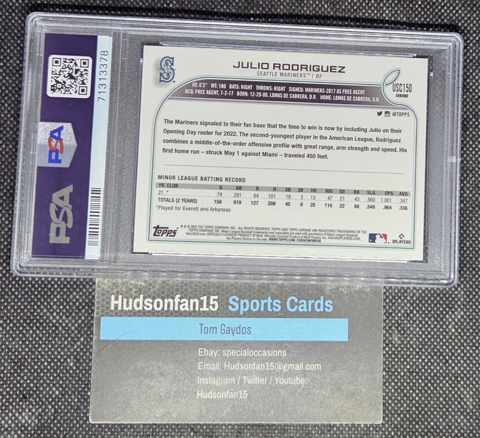Julio Rodriguez 2022 Topps Chrome Update #USC150 Rookie Purple Refractor PSA 10 view 2