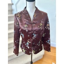Vintage Brown Satin Pastel Ditzy Floral Chinese Chinoiserie Qipao Blazer Jacket