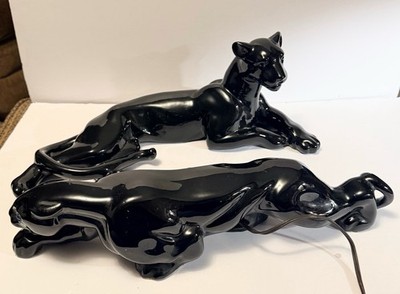 DEFECTIVE Vintage MCM Glossy Black Ceramic Panther Figurine Reclining  T G3D