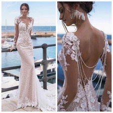 Sexy Mermaid Wedding Dresses Appliques Beads Chain Backless Vestido De Noiva HOT