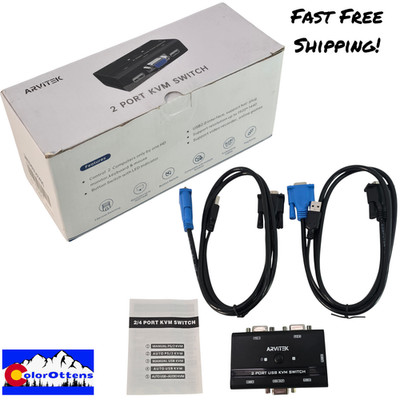 Avitek 2 Port USB KVM Switch VGA Monitor Keyboard Mouse Control for 2 PCs