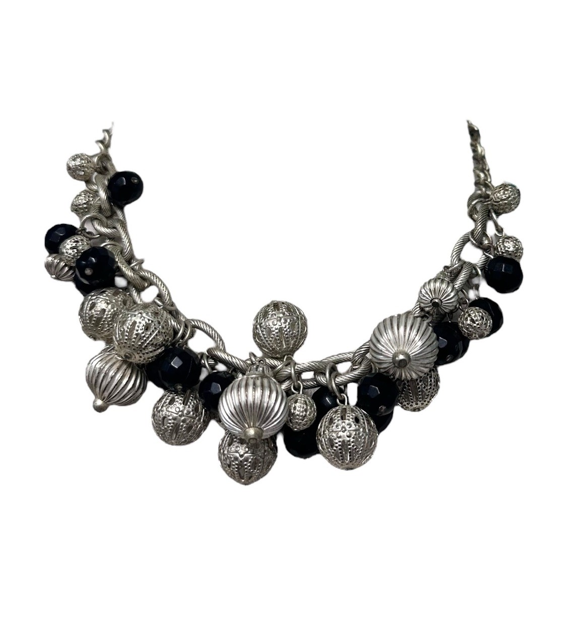 Cluster Statement Necklace Black silver Beads Dan… - image 1