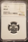 1943 1C NGC MS67 - Lincoln Cent (Wheat Reverse)  Steel Cent