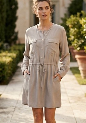 KOCH 100% Silk Size S Utility Shirt Dress Gray Tan Button Front Drawstring 
