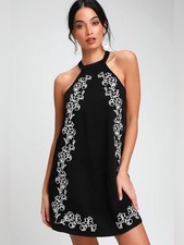 Lulus Fabiola Black Halter Shift Dress Floral Embroidery Size M