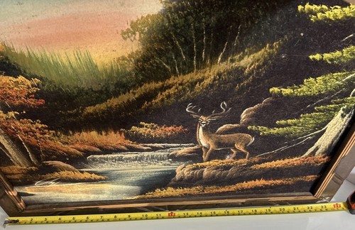 Vintage Velvet Painting Rustic Frame Nature Forest Scene Buck Deer and waterfall - Afbeelding 15 van 18