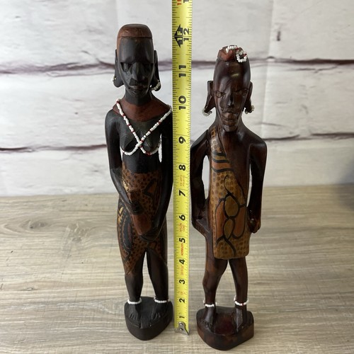 Maasai Warrior Man/Woman Hand Carved Wood Statue Sculpture African Art Vintage - Picture 13 of 17