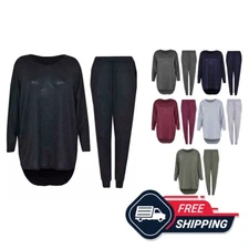 Womens 2 Piece High Low Track Suit Ladies Set Top Sweatshirt Bottoms Loungewear