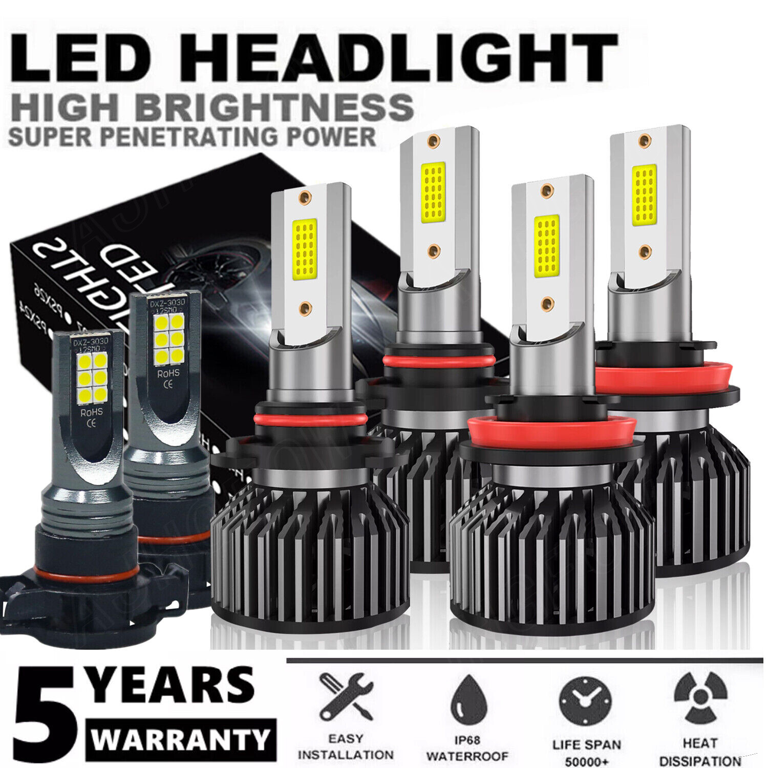 For Chevy Suburban Tahoe 2007-2014 LED Headlight + Fog Light Bulbs Combo Kit 6x