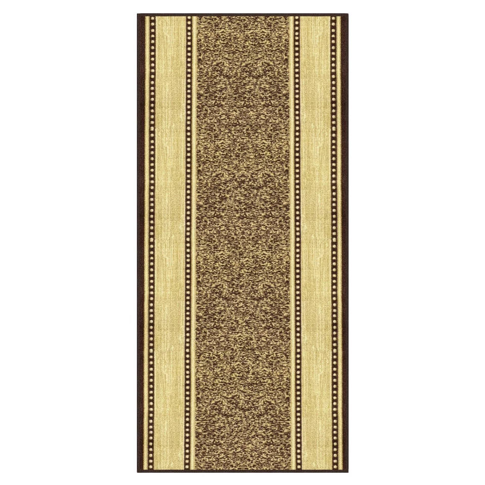 Custom Size Stair Hallway Runner Rug Non Slip Rubber Back Brown & Beige Border - Image 4 of 4