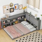 Wooden Full Size Floor Bed with L-Shaped Bookcase Sliding Doors for Kids Teen