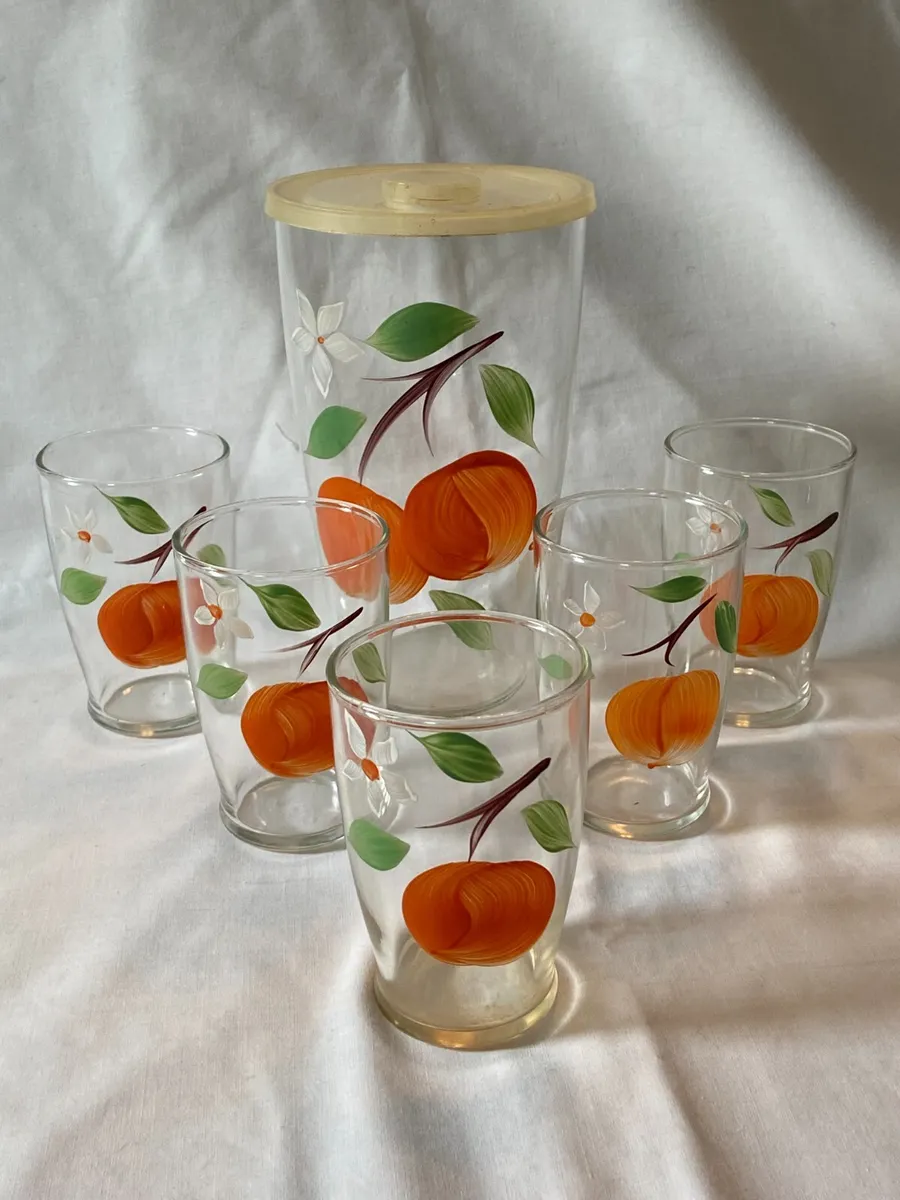 Set of 5 Vintage Hand Painted Orange Juice Glasses w Orange Juice Carafe w  Lid