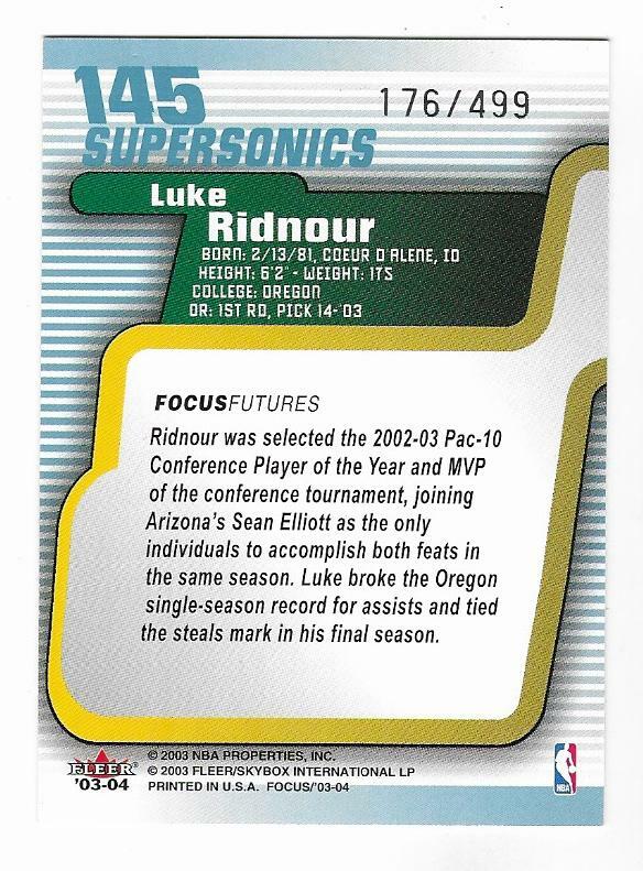 Luke Ridnour 2003-04 FLEER FUTURE FOCUS NBA ROOKIE CARD #145