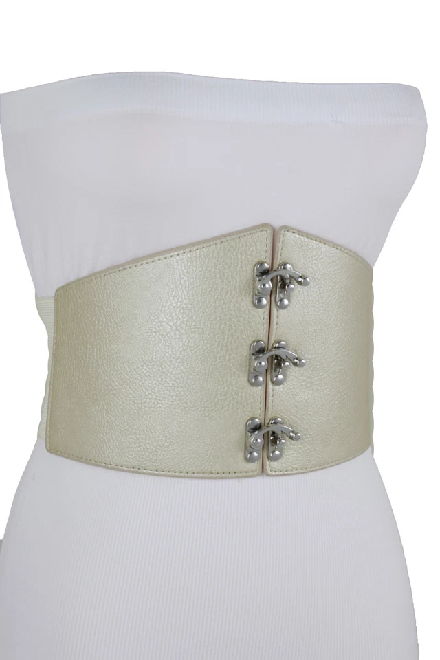 Women Elastic Beige Wide Waistband Champagne Belt Hip High Waist Hook Buckle S M - Image 3 of 4