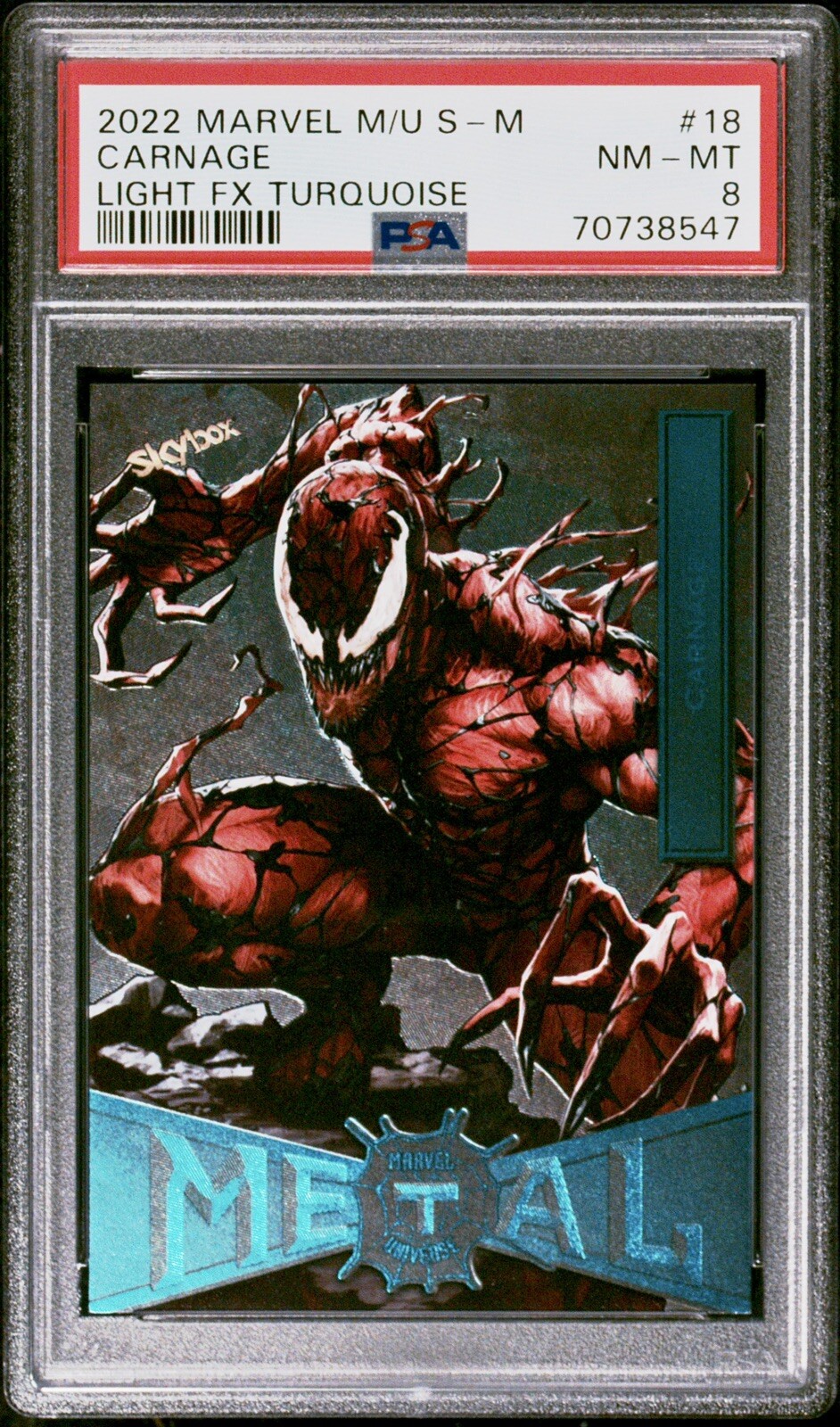 2022 Marvel Metal Spider-Man Light FX Turquoise /50 #18 Carnage PSA 8 🔥RARE🔥