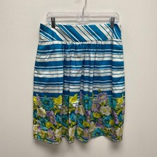 Talbots Womens Blue White Striped Floral Print Side Zip Pockets A-Line Skirt 10