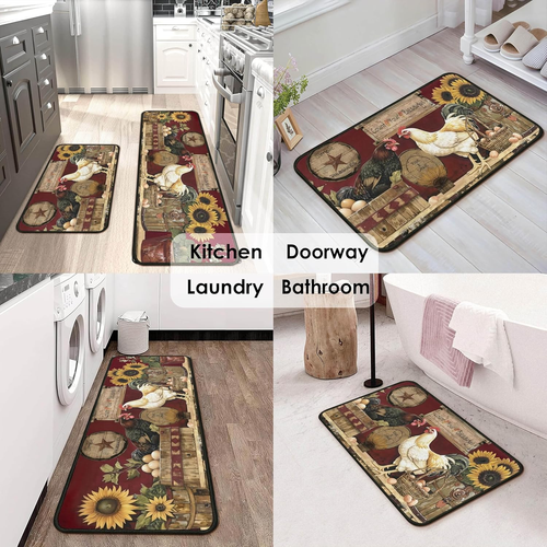 Rooster Kitchen Mats for Floor Kitchen Rugs Sets of 2 Non Slip Washable Sunflowe - Picture 6 of 12