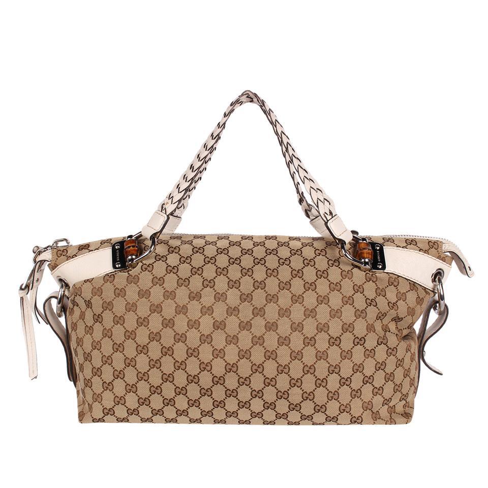 バッグ Gucci GG Bamboo Canvas Leather Satchel Bag Brown White | eBay