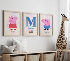 Set of 3 Personalised Peppa Pig Childrens Wall Art Poster Print Girl Boy Nursery
