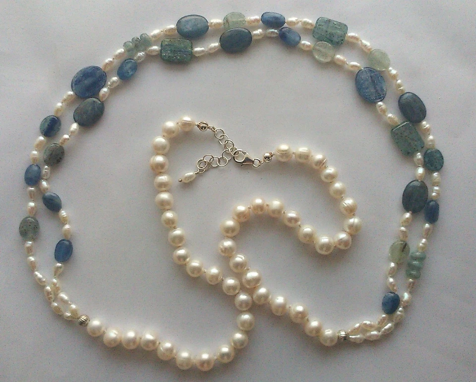 Collana lunga 2 fili in cianite kyanite e perle di fiume Argento 925 87 cm - Immagine 3 di 3