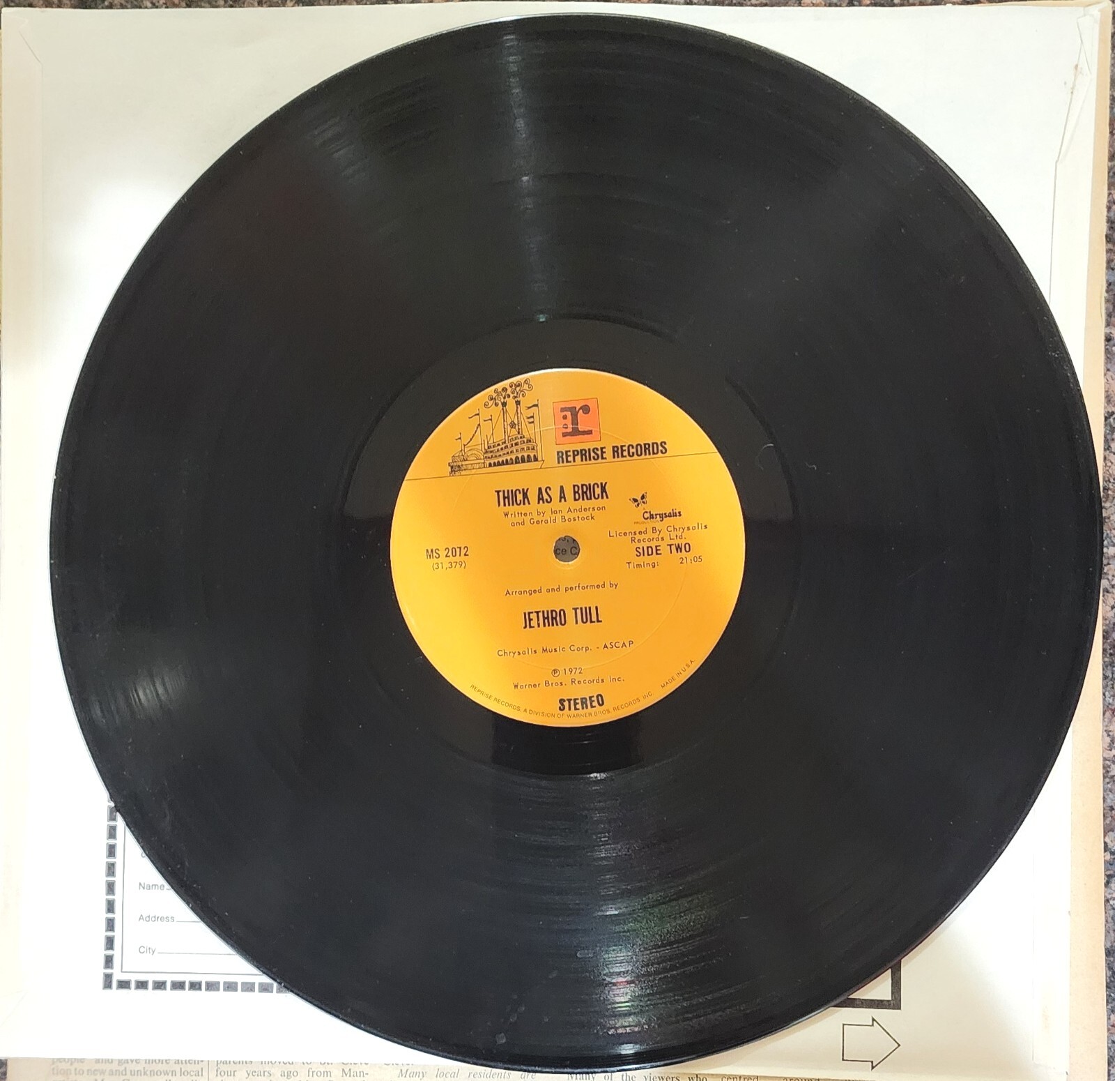 Jethro Tull Thick As A Brick LP Record 1972 Warner Bros Vinyl MS-2072 ...