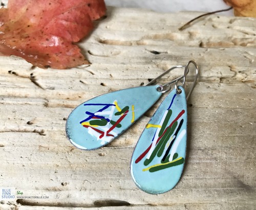 Blue Enamel Long Oval Enameled Earrings Copper Enamel Artisan Handmade Teardrop - Picture 3 of 5
