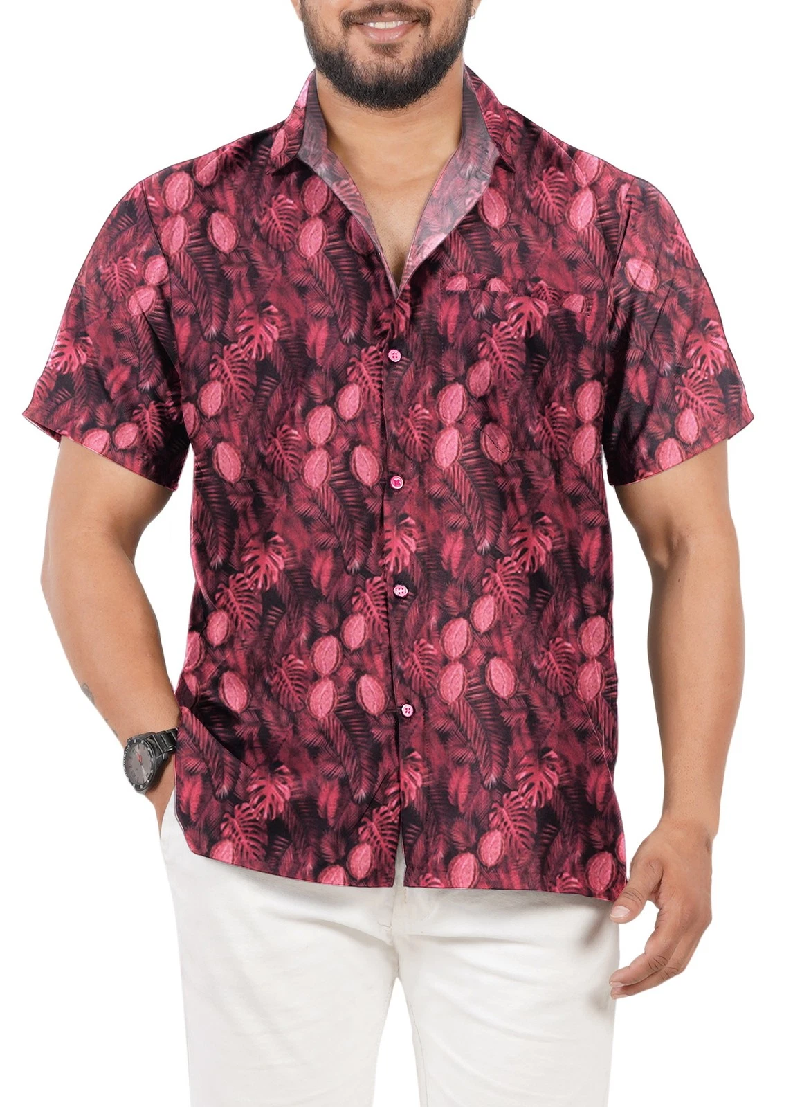 LA LEELA Men's Hawaiian Short Sleeve Button Down Shirts S Pink, Floral