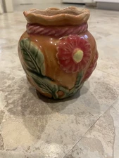 Vintage Art Pottery Small Vase Flowers and Leaves 4in Arts and Crafts Style