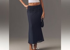 MAEVE BY ANTHROPOLOGIE Ruched Maxi Skirt Women's Size L Navy Storm with Tags