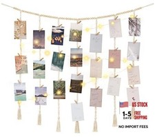 Macrame Hanging Photo Display Wall Decor with String Lights, Boho Large Ivory