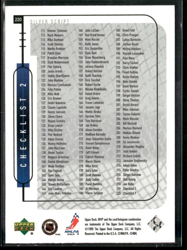 1999-00 Upper Deck MVP Wayne Gretzky Silver Script #220 New York Rangers - Image 2 of 2