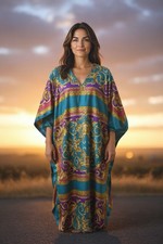 Winlar Baroque Print Satin Caftan Boho Maxi Dress Lounge Kaft One Size Fits Most