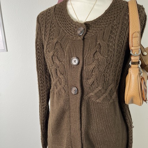 Y2K Vintage Brown Knit Milkmaid 3 Button Cardigan Sweater Womens Medium - Picture 2 of 6