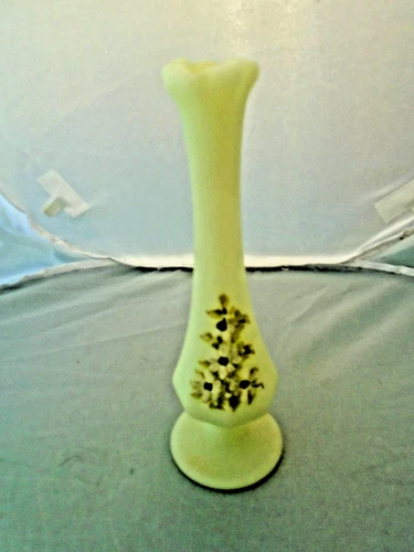 Fenton Glass Yellow Custard Uranium Hand Painted Swung Bud Vase