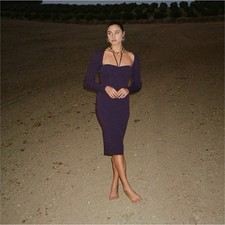 Purple Knit Bodycon Midi Dress Long Sleeve Strappy Square Neck Solid Women