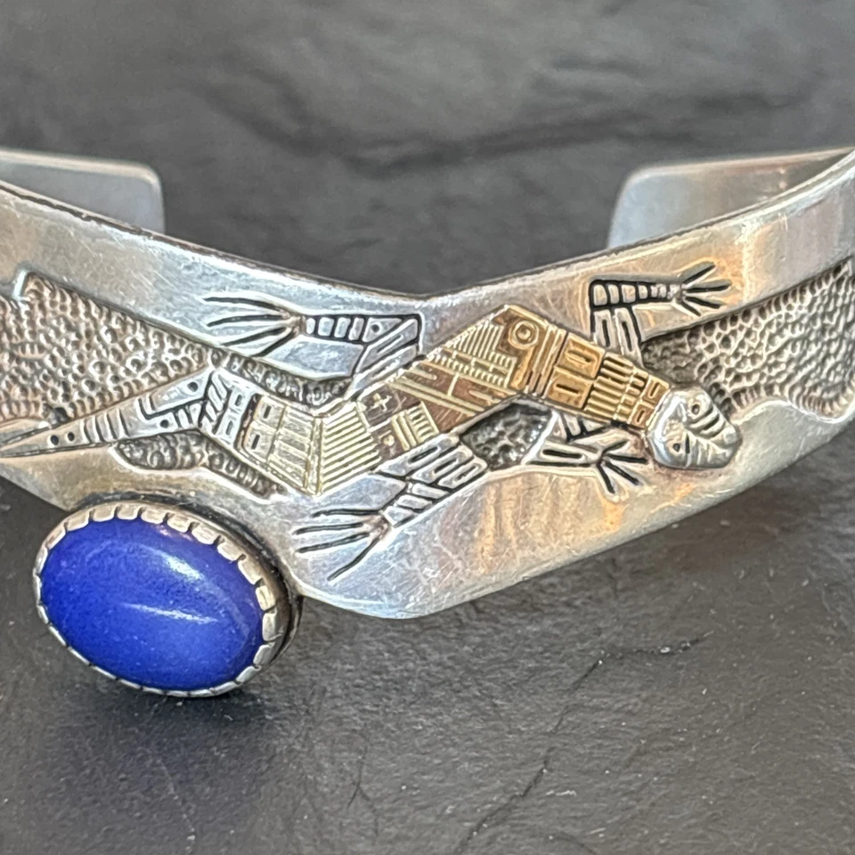 Roderick Tenorio Carolyn Pollack 14k & Sterling Lapis Vintage Cuff Bracelet 6.7” - Image 2 of 4
