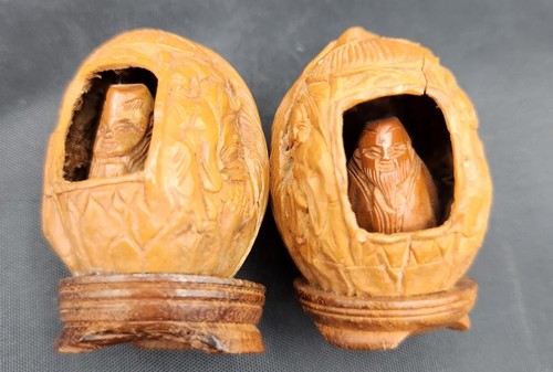 2 Buddha vintage asiatici cinesi conchiglia noce intagliato monaco nascosto all'interno Qing Hediao - Foto 2 di 10