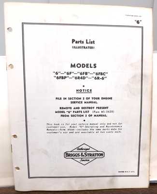 #ad #ad BRIGGS amp; STRATTON ENGINE MODEL 6 6F 6FB 6FBP 6R4D 6R 6 PARTS LIST FROM MANUAL $14.55