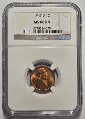 1945-D LINCOLN WHEAT CENT (1C) NGC MS 66 RD Certified Coin
