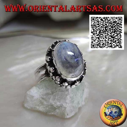 Silberring 925‰ Mondstein Regenbogen oval und hoher Rand mit Diskette