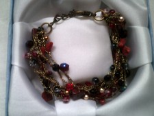Nurit Hand Made Bracelet  Chain, Shades of Green, Dark Pink Stones, Beads
