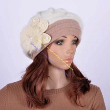 Cute Flower Warm Faux Rabbit Fur Beret Winter Beanie Hat Cap Women's Ivory