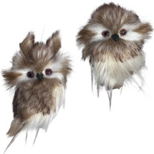 Kurt Adler Owl Christmas Ornaments Set of 2 White Brown Fluffy 3.5"