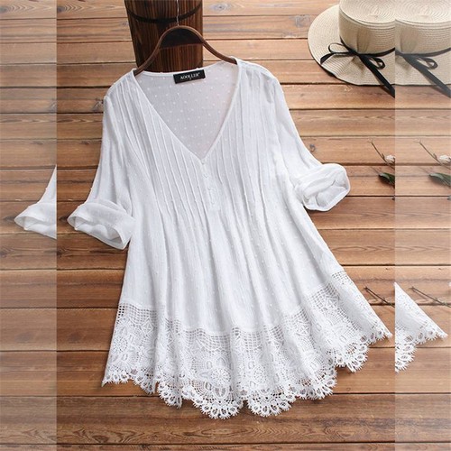 Blusa Cuello en V Encaje Manga Larga Verano Suelta Prendas para el torso Pullover Camiseta Para Mujer - Imagen 15 de 23